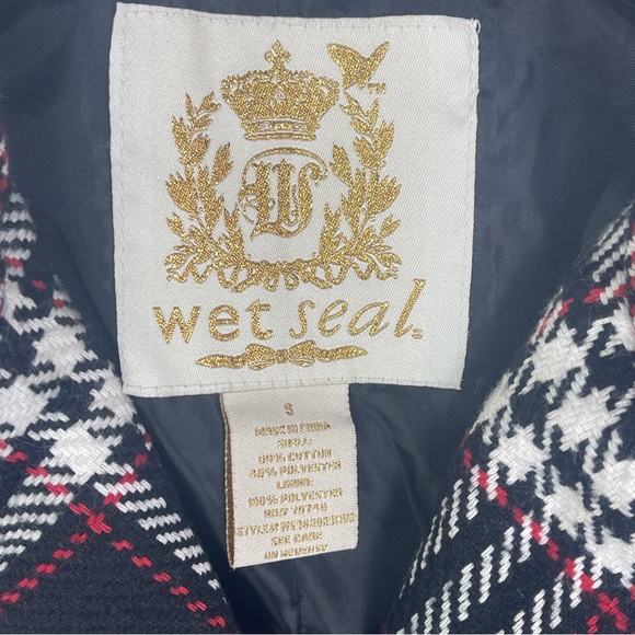 Wet Seal Peacoat Cotton Blend Double Breasted Plaid Cropped Collared Jacket - Picture 12 of 13